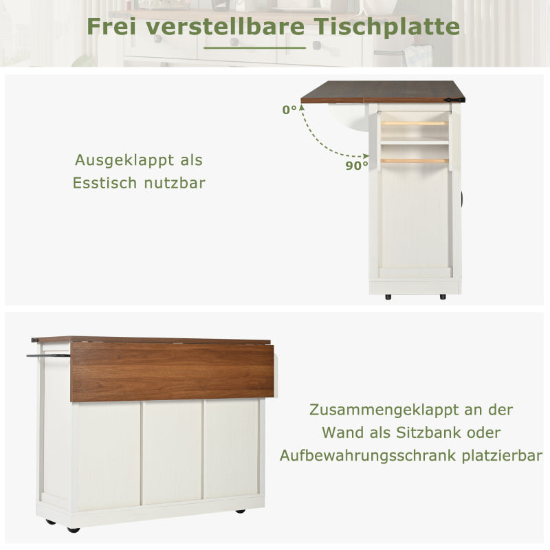 Kücheninsel, Servierwagen mit ausziehbarer Arbeitsplatte, Küchenwagen auf Rollen, Küchenschrank mit 2 Schiebetüren und 3 Schubladen,Speisewagen mit Holzmaserung,Küchenschrank
