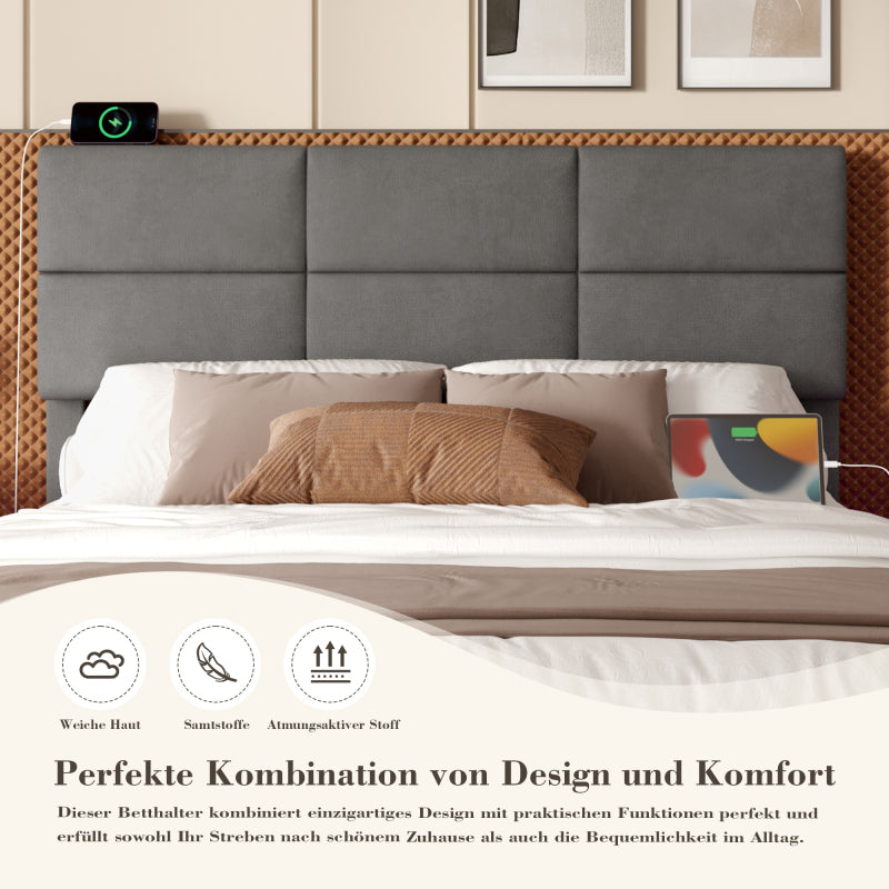 180x200 cm Modernes Velours-Polsterbett mit höhenverstellbarem Kopfteil - Inkl. USB/Type-C-Anschlüssen, LED-Ambientebeleuchtung, hydraulischem Lift-System & XXL-Stauraum (ohne Matratze) - Grau