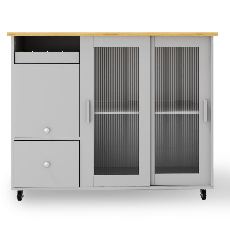 112×46(69)×91cm, klappbarer Kücheninselwagen, Eichenholzfurnier, Weinregal, Schubladen, großer Kücheninselwagen mit Schiebetüren aus gehärtetem Glas und verstellbaren Einlegeböden, mobiler Inselwagen