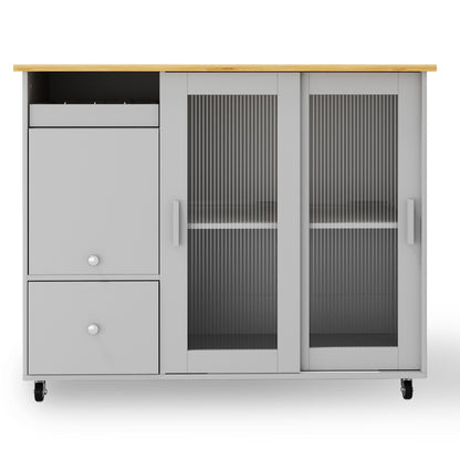 112×46(69)×91cm, klappbarer Kücheninselwagen, Eichenholzfurnier, Weinregal, Schubladen, großer Kücheninselwagen mit Schiebetüren aus gehärtetem Glas und verstellbaren Einlegeböden, mobiler Inselwagen