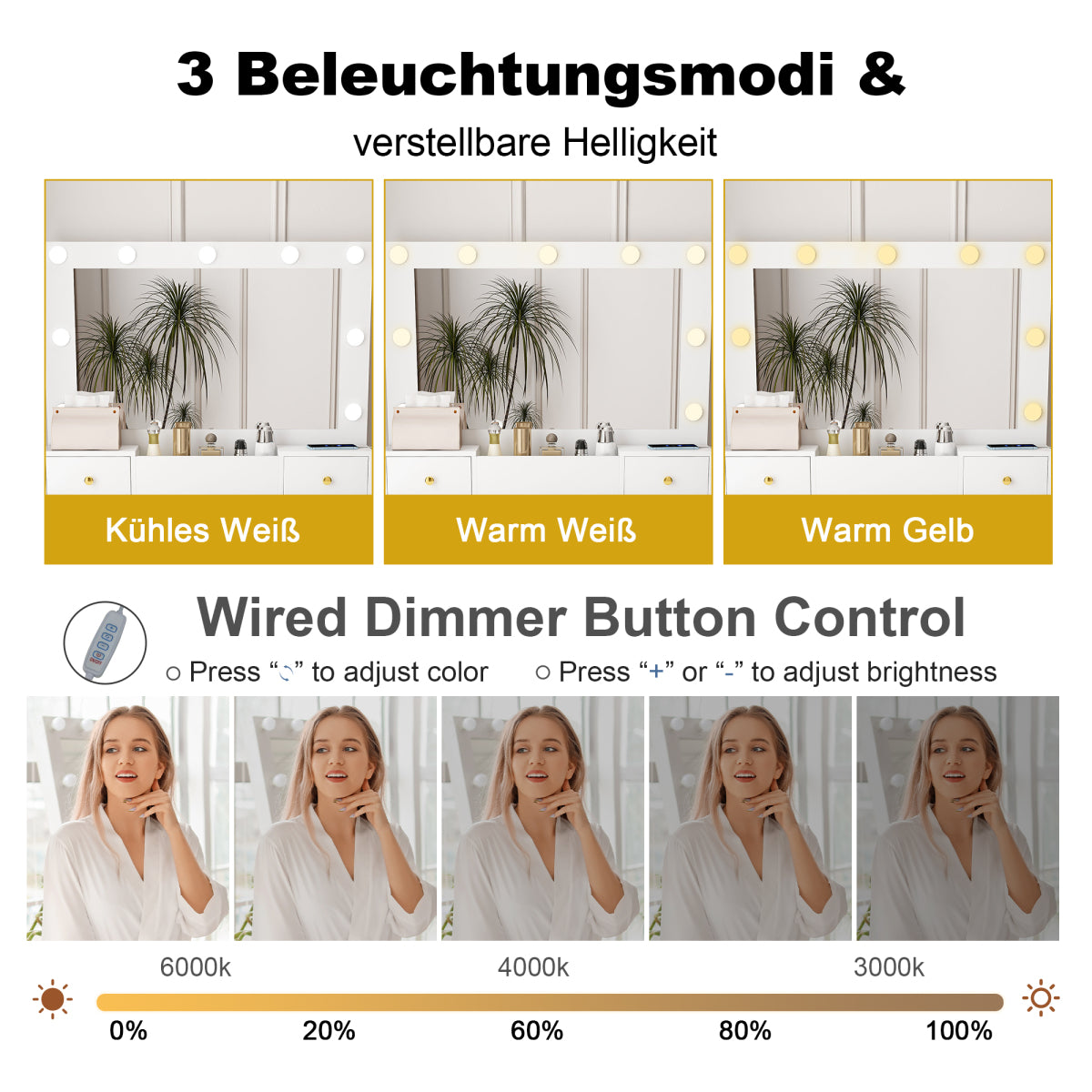 Schminktisch LED, 3 Stufen, Steckdose, 4 Schubladen, inkl. Hocker, Weiß