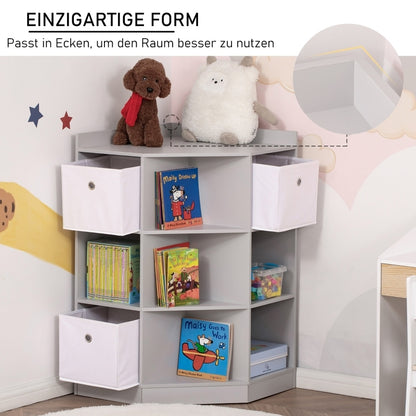 Kinderregal Eckregal mit 3 Aufbewahrungsboxen Kinderzimmer Spielzeugablage für 3-12 Jahre Kinder Grau