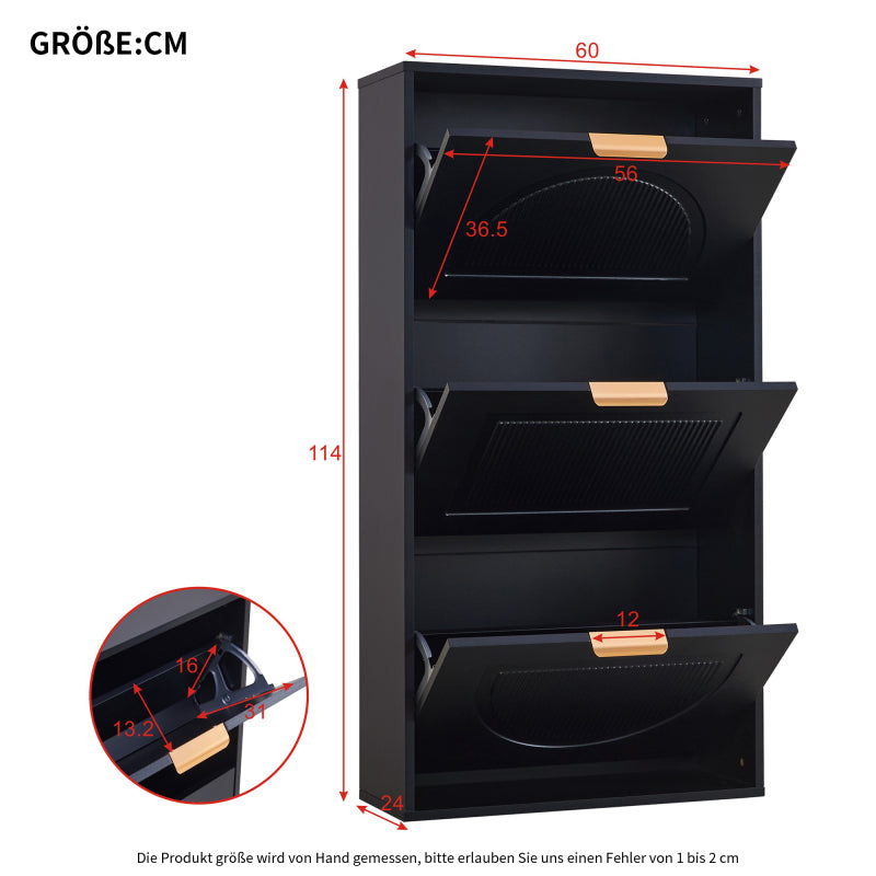 Schuhkipper Schmal mit 3 Klappen, Schuhschrank, Schuhschrank  Schuhkommode für Flur Wohnzimmer ,Schwarz