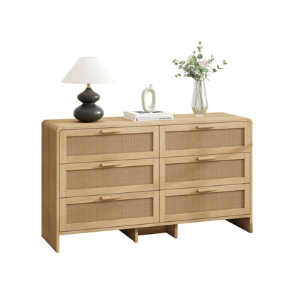 130CM Arc Shaped Corner Rattan Cabinet, 6-Drawers Rattan Storage Cabinet Rattan Drawer, for Living Room Bedroom,and Kitchen, Natural