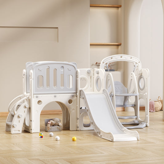 7-in-1-Rutsche für Kinder, bestehend aus Rutsche, Schaukel, Plattform, Unterschrank, Lochbohrspiel, Basketballkorb und Treppe - hochdichtes Polyethylen (Ozeanball nicht enthalten)