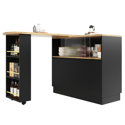 Kücheninsel mit 360° Rotation, Barschrank mit Glasschiebetür & Stauraum, Weiß & Holzoptik, multifunktionaler Küchentisch & Sideboard