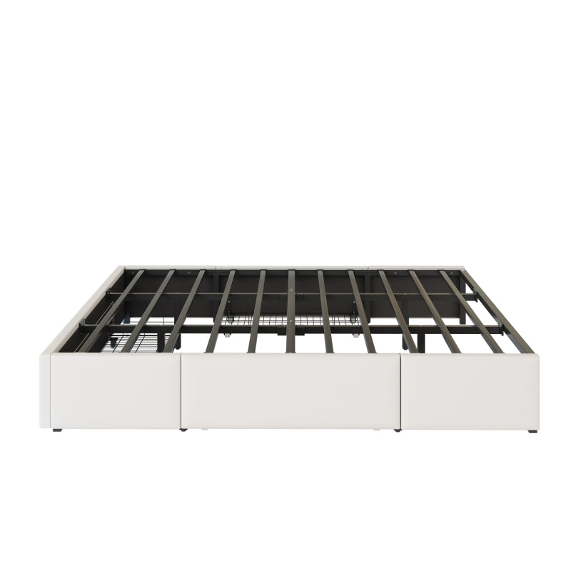 Bettgestell 180X200 mit Schubladen, PU-Leder Bett ohne Kopfteil Mit LED-Lichtleiste, MetalllattenPlattformbett für moderne Schlafzimmer Beige