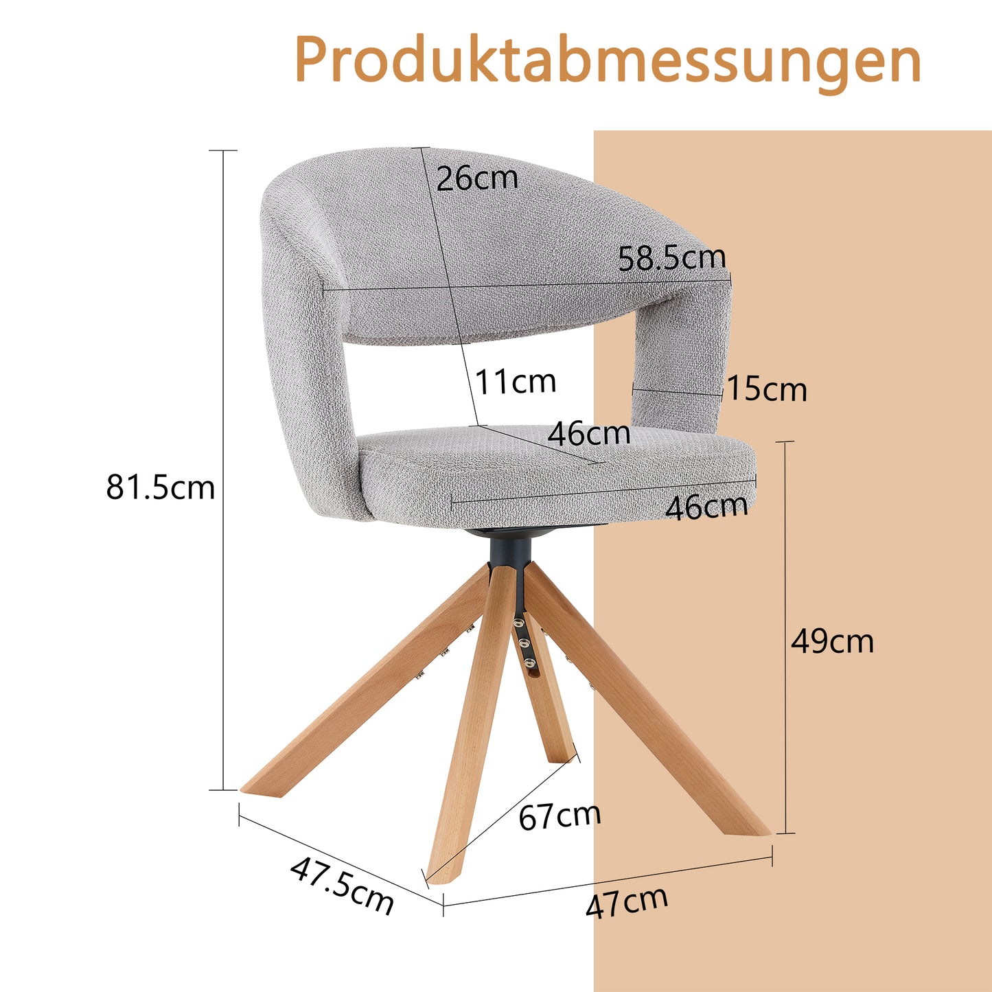 2er-Set Retro-Luxus-Drehstühle Esszimmerstühle aus Strukturstoff Grau mit Massivholzbeinen 360 Grad drehbar gepolstert mit Rückenlehne Höhe 81,5 cm