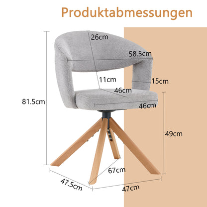 2er-Set Retro-Luxus-Drehstühle Esszimmerstühle aus Strukturstoff Grau mit Massivholzbeinen 360 Grad drehbar gepolstert mit Rückenlehne Höhe 81,5 cm