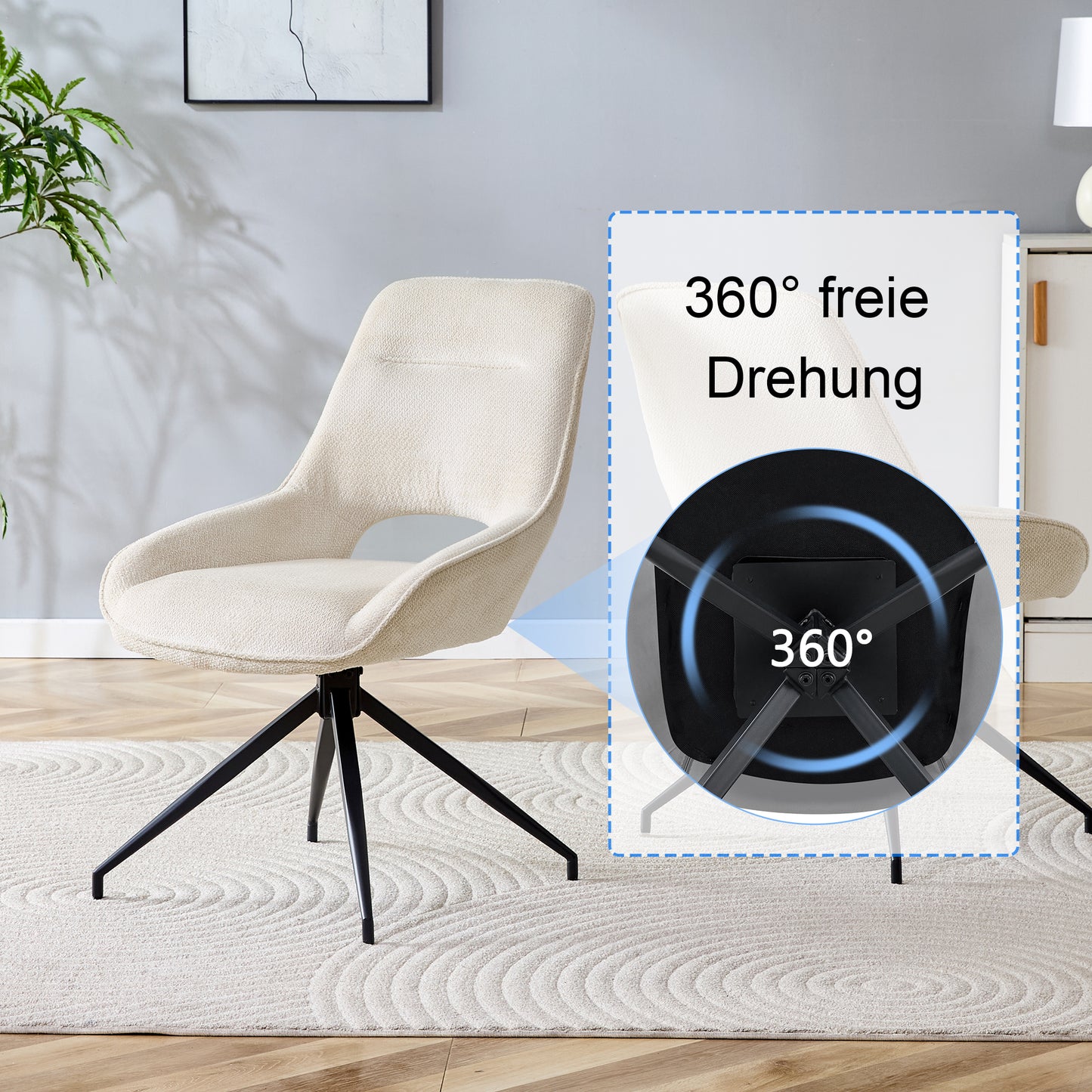 2er-Set Esszimmerstühle Weiß Stoff 360 Grad Drehbar Schwarz Lackiertes Metallgestell Atmungsaktiver Strukturstoff Moderne Polsterstühle