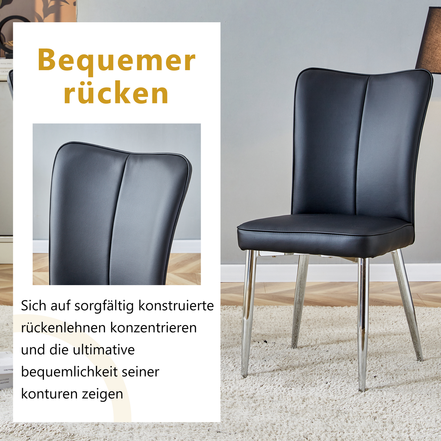 Esszimmerstuhl 2er Set Schwarz PU Leder Modernes Design 89 cm Hoch Silberfarbene Metallbeine Mehrfarbig Erhältlich Bequeme Stühle für Büro und Restaurant