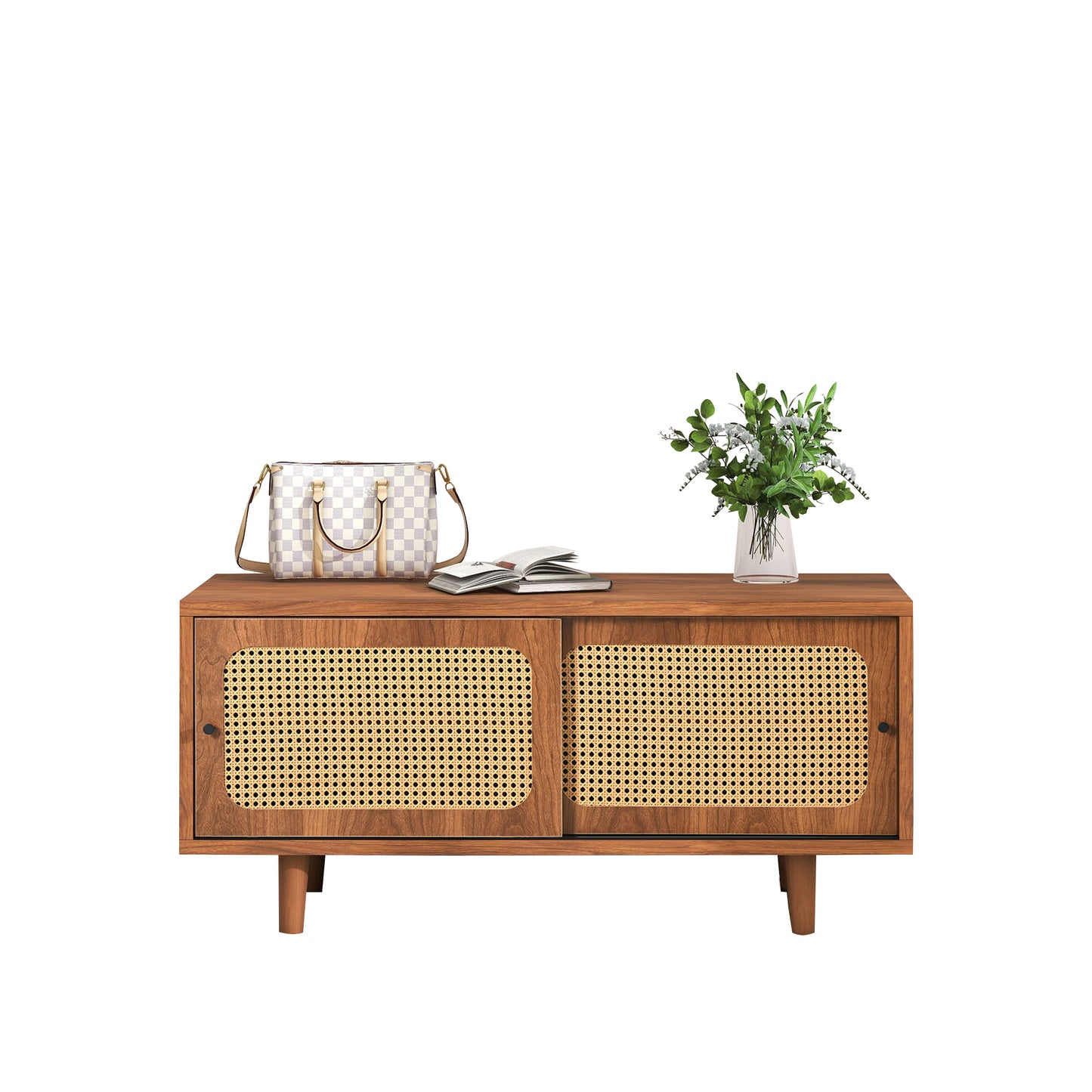 Rattan Schuhschrank mit 2 Türen mit verstellbare Ablage Walnuss Farbe formschöner Schuhschrank für Flur, Wohn- und Schlafzimmer