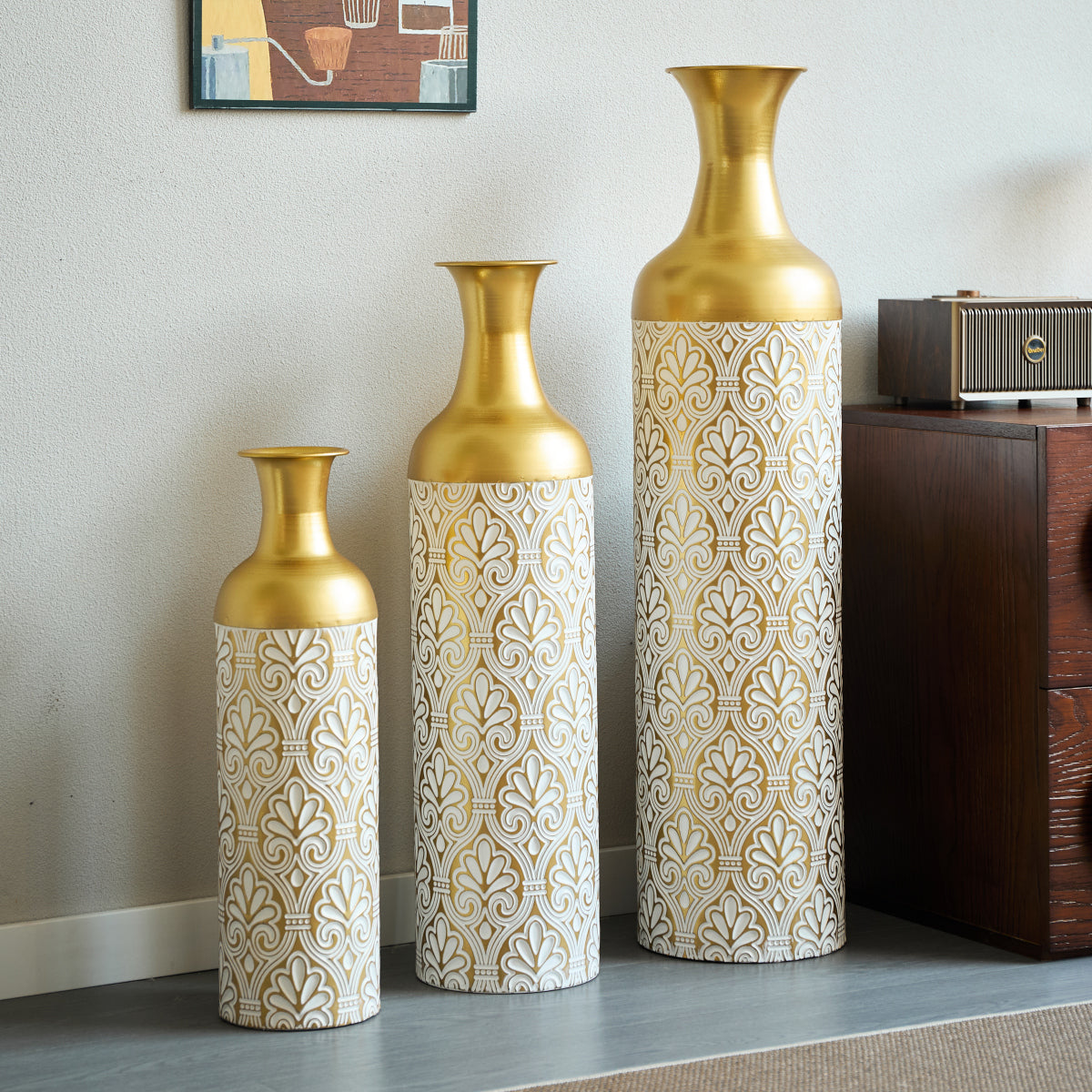 3er Set Bodenvase Gold mit Weißen Punkten, Metall, Vintage, 83/66/50 cm hoch