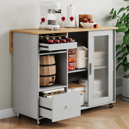 112×46(69)×91cm, klappbarer Kücheninselwagen, Eichenholzfurnier, Weinregal, Schubladen, großer Kücheninselwagen mit Schiebetüren aus gehärtetem Glas und verstellbaren Einlegeböden, mobiler Inselwagen