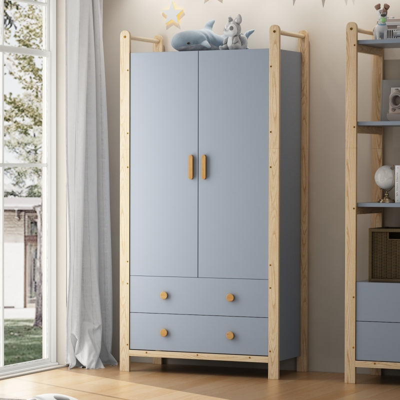 2-türiger Kleiderschrank, Kleiderschrank mit Kleiderstange, für Schlafzimmer, Wohnzimmer, Flurgarderobe geeignet,  blauer Körper + Kieferrahmen
