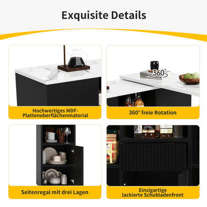 Um 360° drehbarer Bartisch (Hauptkörper 198,5 x 30 x 75 cm), modernes und schlichtes schwarzes Design, mit offenem Stauraum und Marmor-Arbeitsplatte, multifunktionale Aufbewahrungsinsel, geeignet für