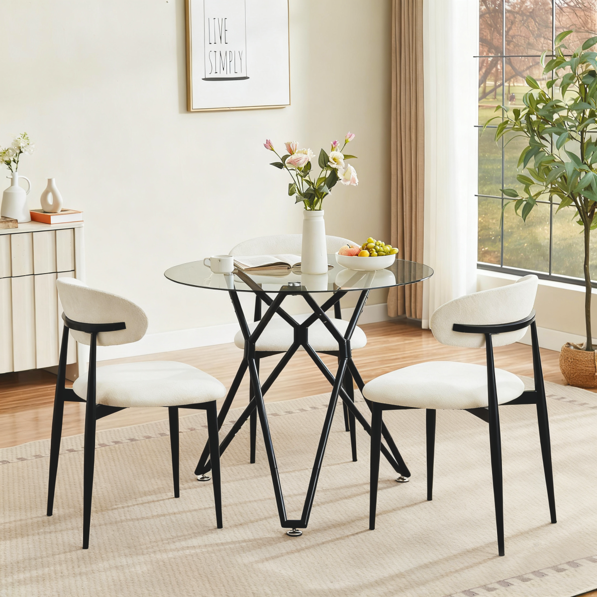 Esstisch Rund 90 cm Schwarz, Glastisch mit Gehärtetem Glas & Metallbeinen, Modernes Design