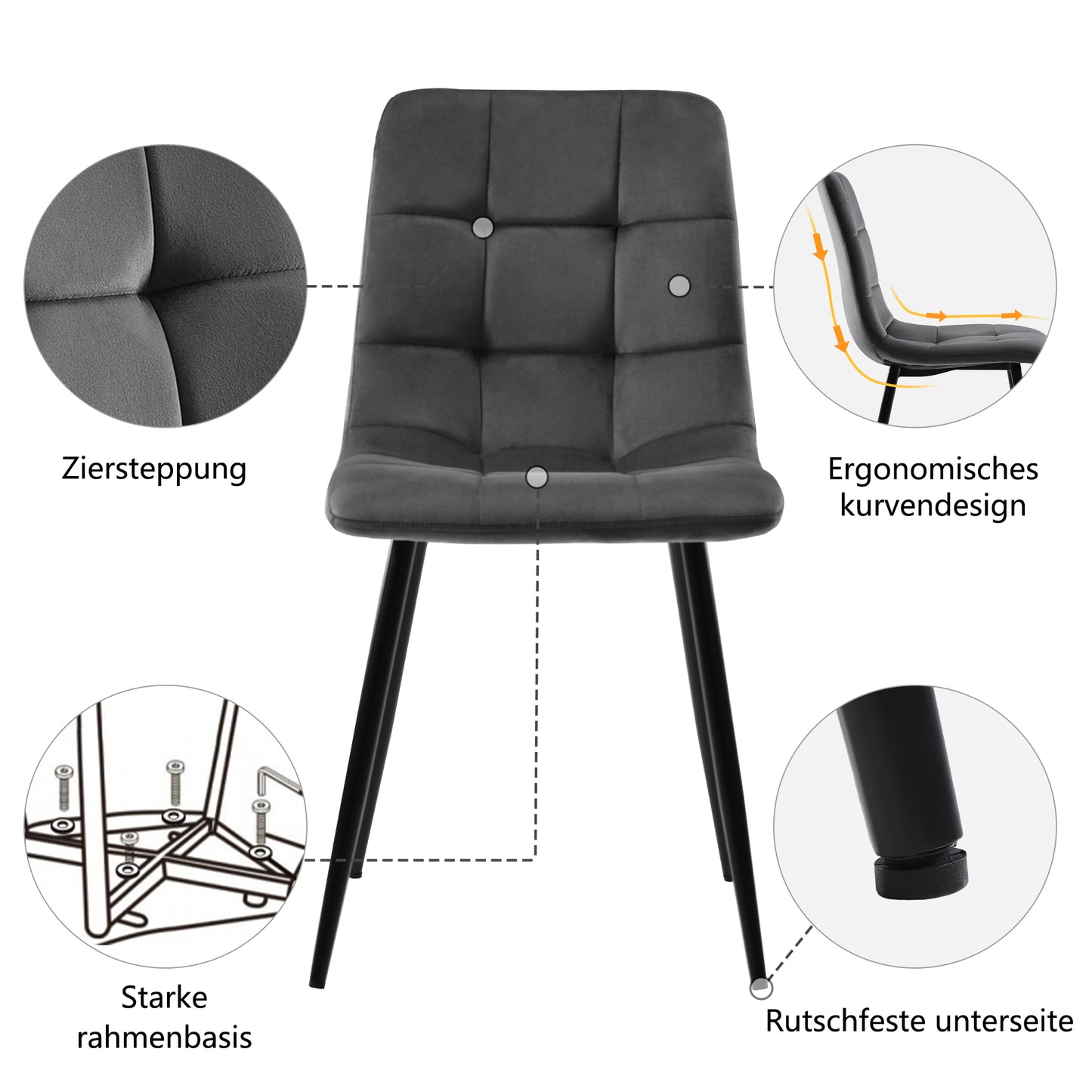 Esstisch und Stühle Set (5 Stück), Esszimmer-Set mit 4 Stühlen, marmorierte Tischplatte, schwarze Tischbeine, graue Samt-Esszimmerstühle