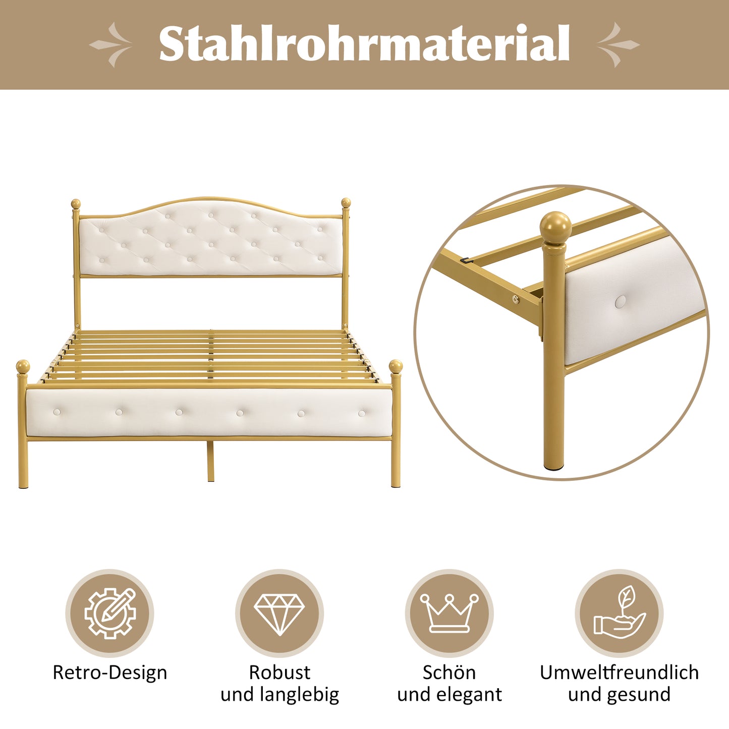 Modern Metallbett, Bettgestelle mit Lattenrost, Doppelbett, 140x200 cm, Ohne Matratze, golden