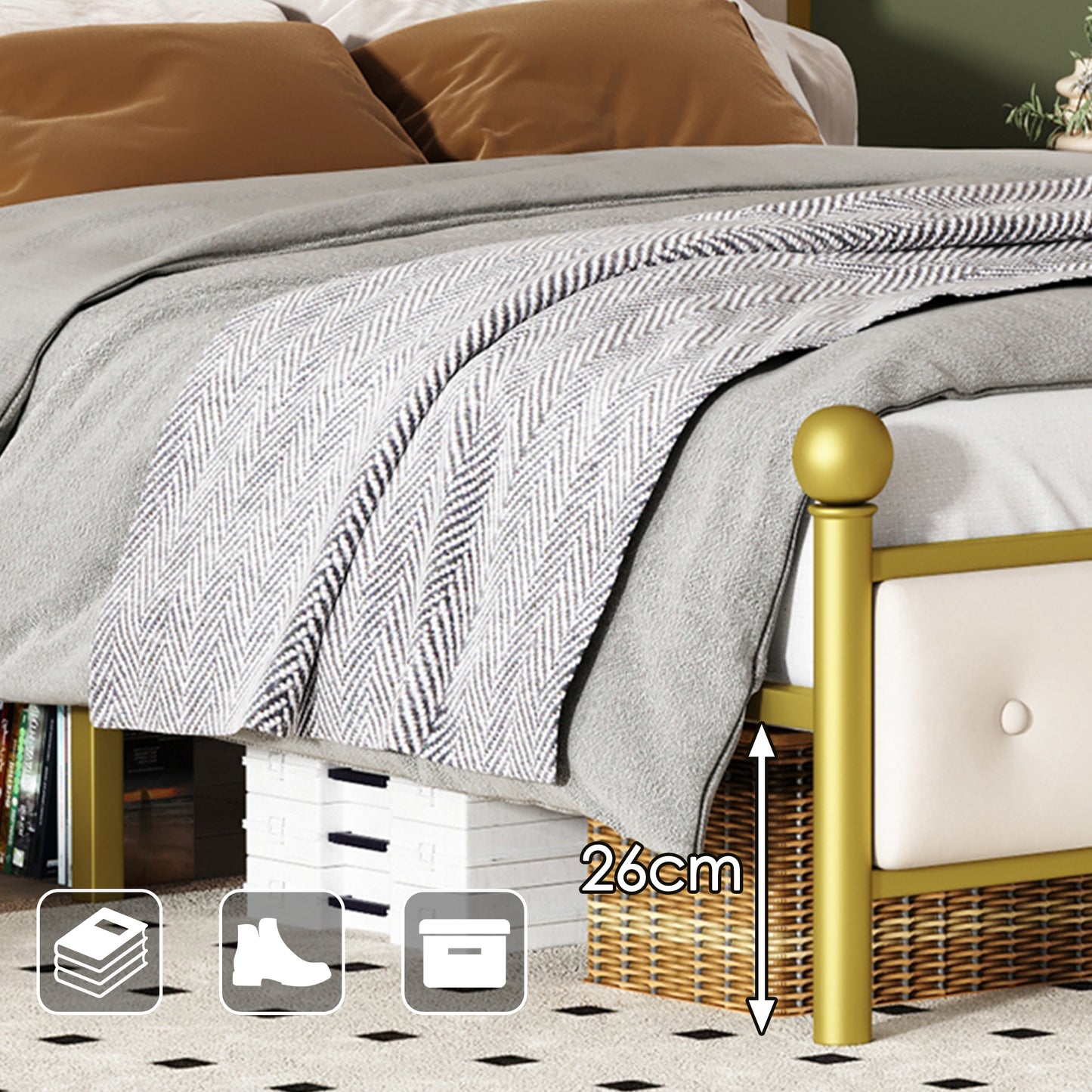 Modern Metallbett, Bettgestelle mit Lattenrost, Doppelbett, 140x200 cm, Ohne Matratze, golden