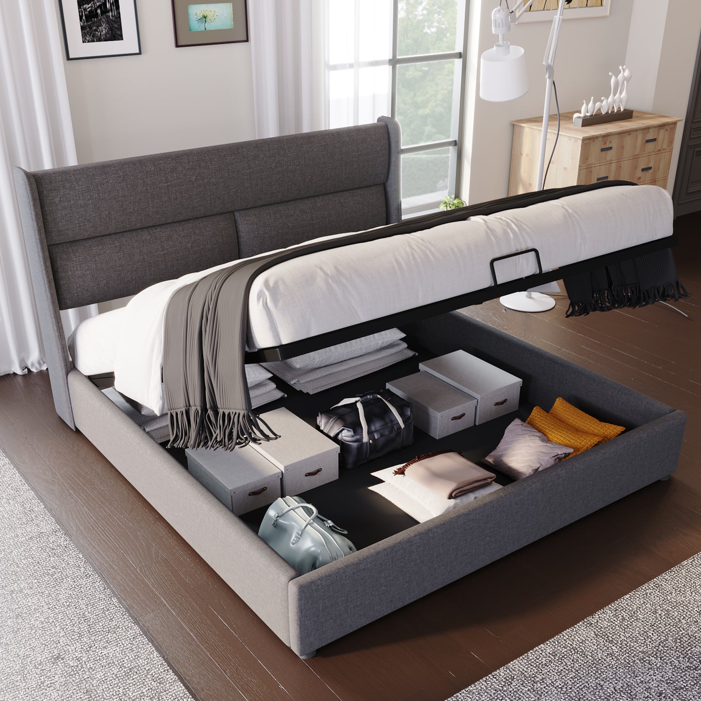 Polsterbett Doppelbett mit Verstellbare Kopfstützen,Stauraumbetten Bettgestell aus Leinenmaterial Jugendbett 140x200 mit lattenrost(Mit Matratze)
