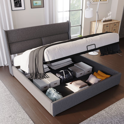 Polsterbett Doppelbett mit Verstellbare Kopfstützen,Stauraumbetten Bettgestell aus Leinenmaterial Jugendbett 140x200 mit lattenrost(Mit Matratze)