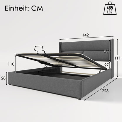 Polsterbett Doppelbett mit Verstellbare Kopfstützen,Stauraumbetten Bettgestell aus Leinenmaterial Jugendbett 140x200 mit lattenrost(Mit Matratze)