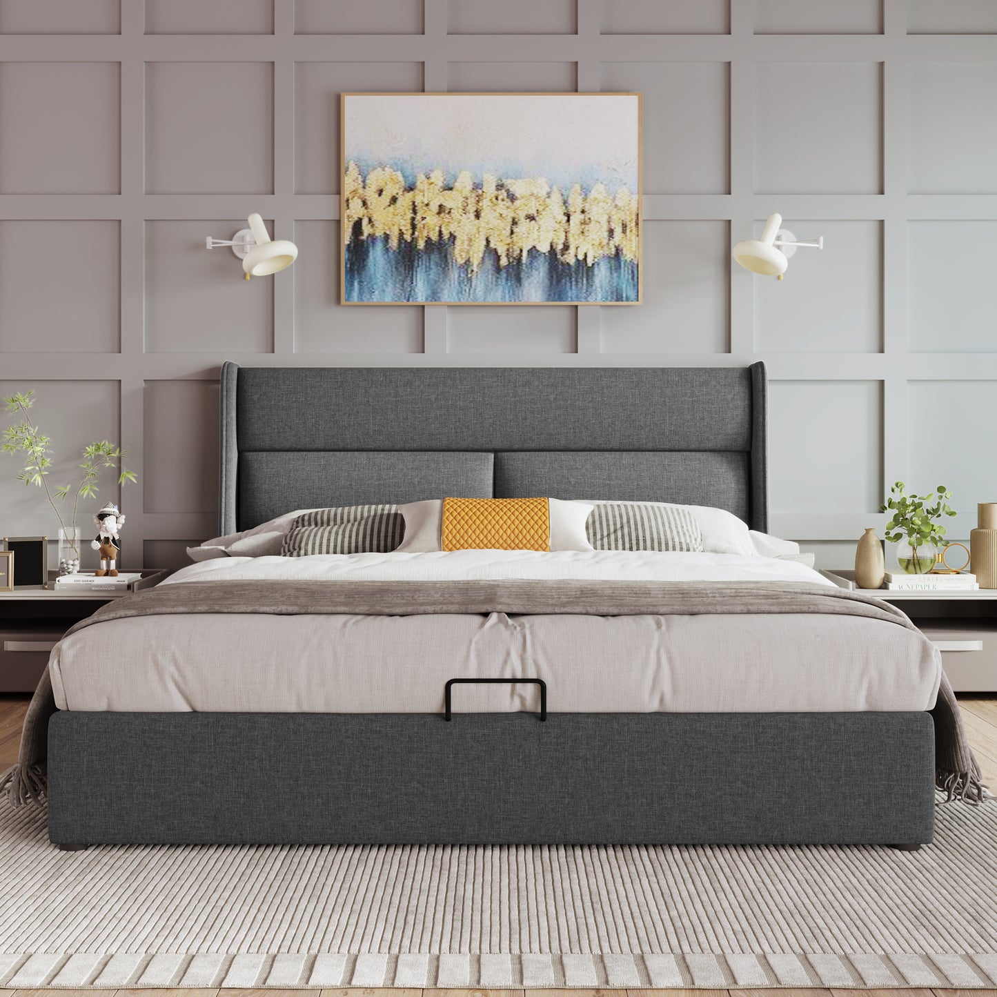 Polsterbett Doppelbett mit Verstellbare Kopfstützen,Stauraumbetten Bettgestell aus Leinenmaterial Jugendbett 140x200 mit lattenrost(Mit Matratze)