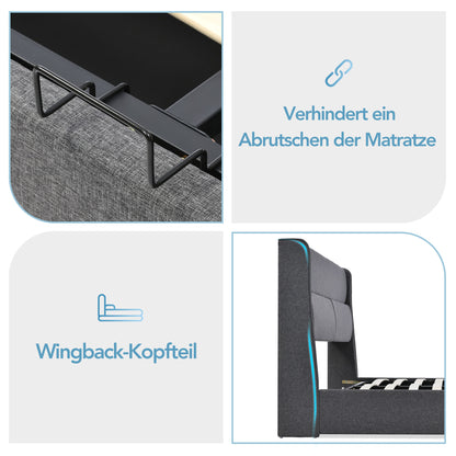 Polsterbett Doppelbett mit Verstellbare Kopfstützen,Stauraumbetten Bettgestell aus Leinenmaterial Jugendbett 140x200 mit lattenrost(Mit Matratze)