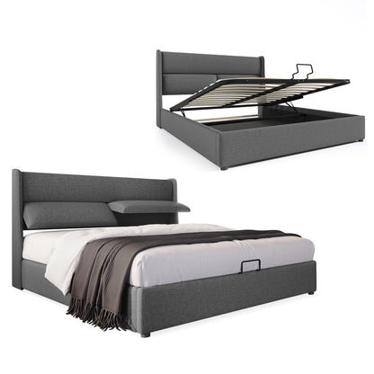 Polsterbett Doppelbett mit Verstellbare Kopfstützen,Stauraumbetten Bettgestell aus Leinenmaterial Jugendbett 140x200 mit lattenrost(Mit Matratze)