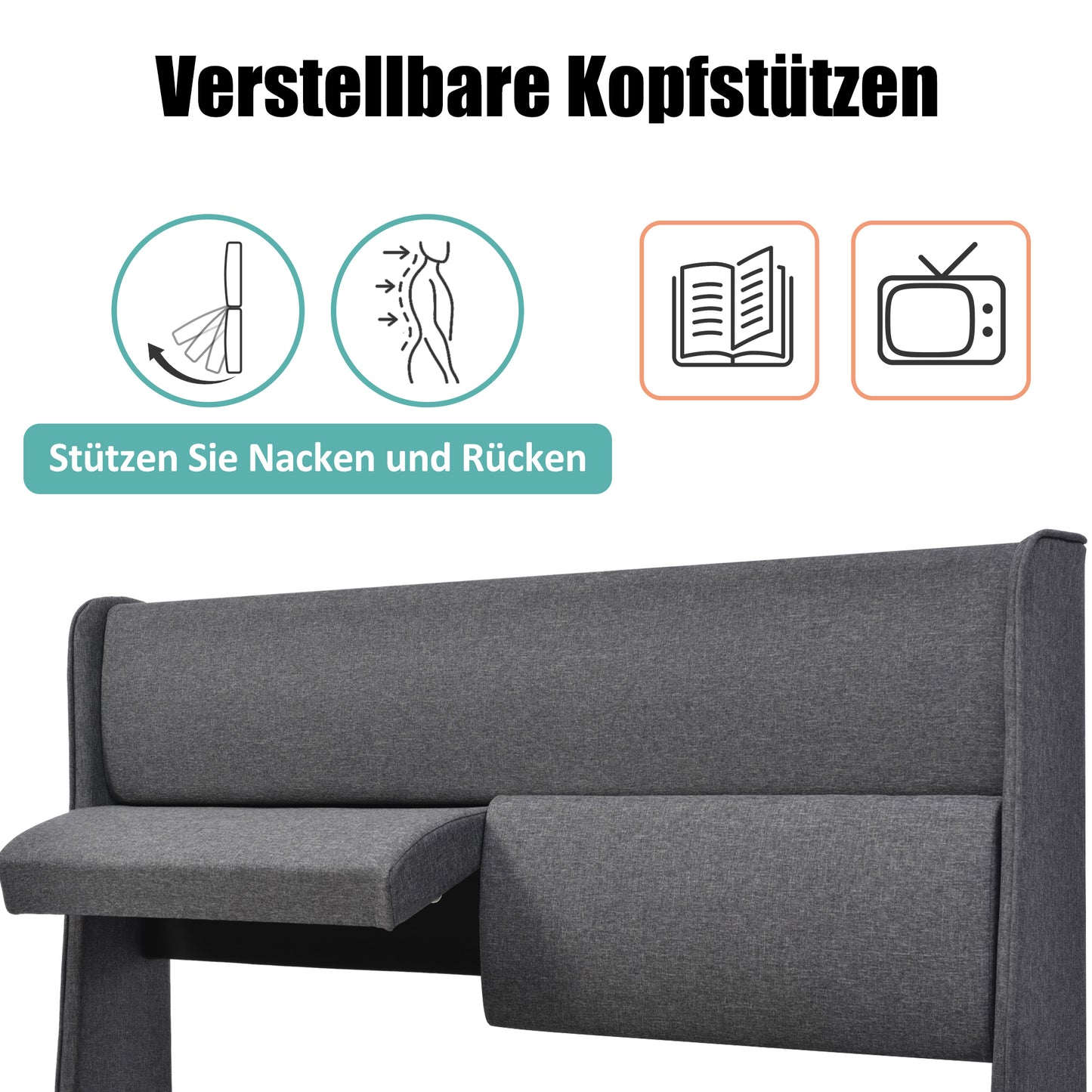 Polsterbett Doppelbett mit Verstellbare Kopfstützen,Stauraumbetten Bettgestell aus Leinenmaterial Jugendbett 140x200 mit lattenrost(Mit Matratze)