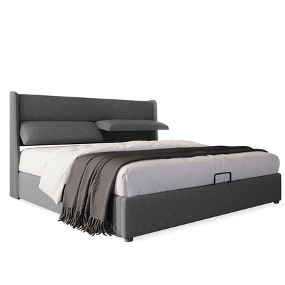 Polsterbett Doppelbett mit Verstellbare Kopfstützen,Stauraumbetten Bettgestell aus Leinenmaterial Jugendbett 140x200 mit lattenrost(Mit Matratze)