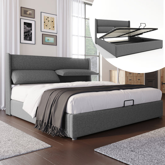 Polsterbett Doppelbett mit Verstellbare Kopfstützen,Stauraumbetten Bettgestell aus Leinenmaterial Jugendbett 180x200 mit lattenrost(Ohne Matratze)