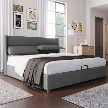 Polsterbett Doppelbett mit Verstellbare Kopfstützen,Stauraumbetten Bettgestell aus Leinenmaterial Jugendbett 140x200 mit lattenrost(Mit Matratze)