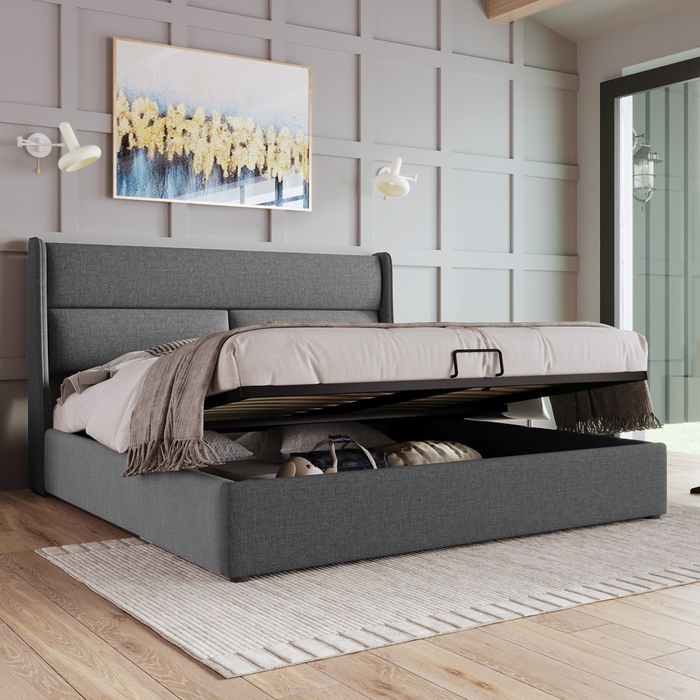 Polsterbett Doppelbett mit Verstellbare Kopfstützen,Stauraumbetten Bettgestell aus Leinenmaterial Jugendbett 140x200 mit lattenrost(Mit Matratze)