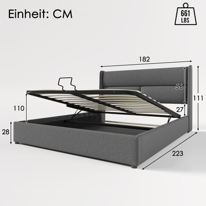 Polsterbett Doppelbett mit Verstellbare Kopfstützen,Stauraumbetten Bettgestell aus Leinenmaterial Jugendbett 180x200 mit lattenrost(Ohne Matratze)