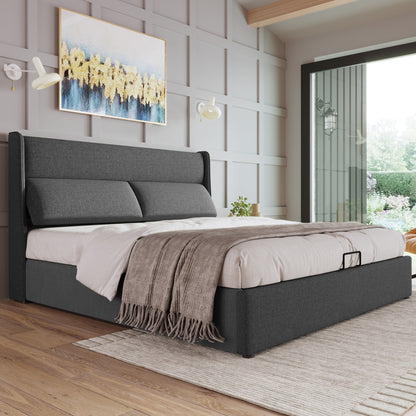 Polsterbett Doppelbett mit Verstellbare Kopfstützen,Stauraumbetten Bettgestell aus Leinenmaterial Jugendbett 140x200 mit lattenrost(Mit Matratze)
