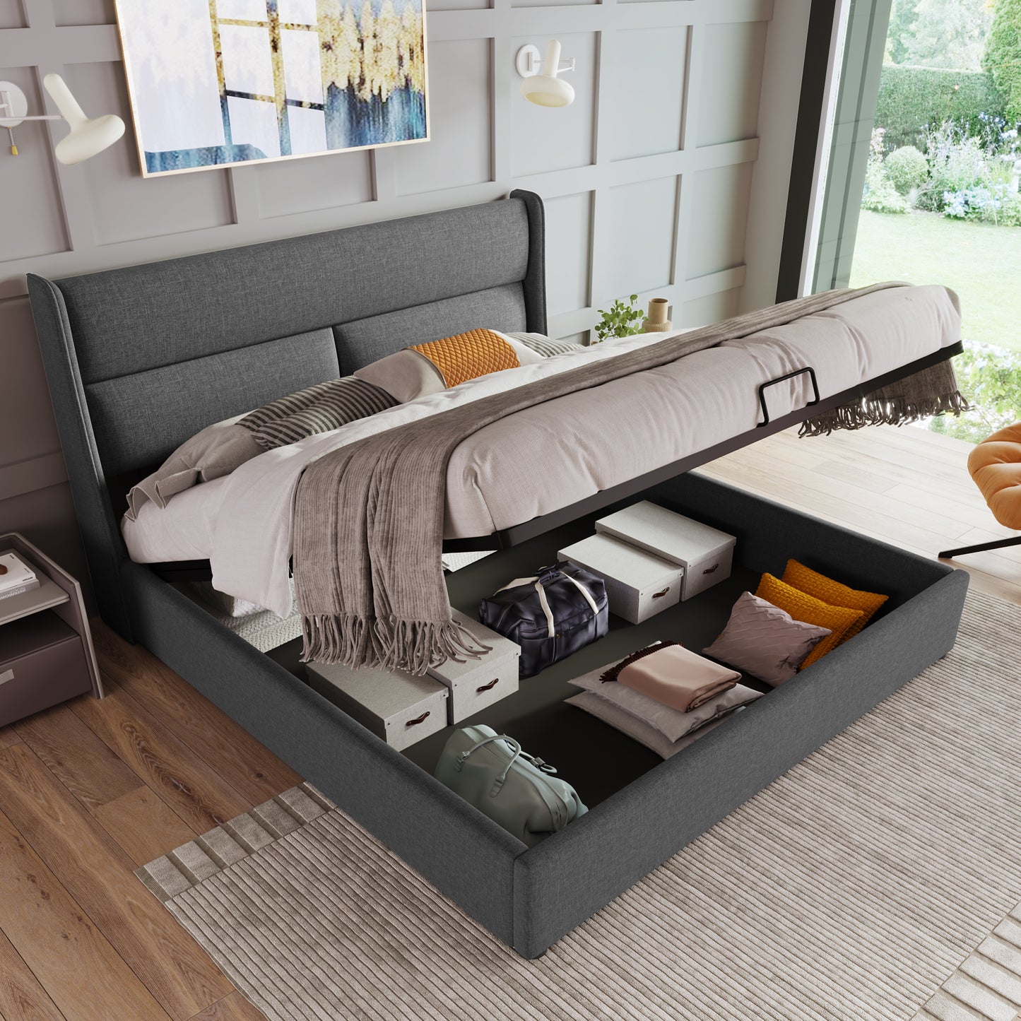 Polsterbett Doppelbett mit Verstellbare Kopfstützen,Stauraumbetten Bettgestell aus Leinenmaterial Jugendbett 140x200 mit lattenrost(Mit Matratze)