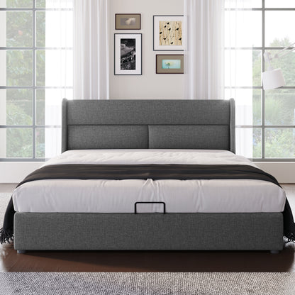 Polsterbett Doppelbett mit Verstellbare Kopfstützen,Stauraumbetten Bettgestell aus Leinenmaterial Jugendbett 140x200 mit lattenrost(Mit Matratze)