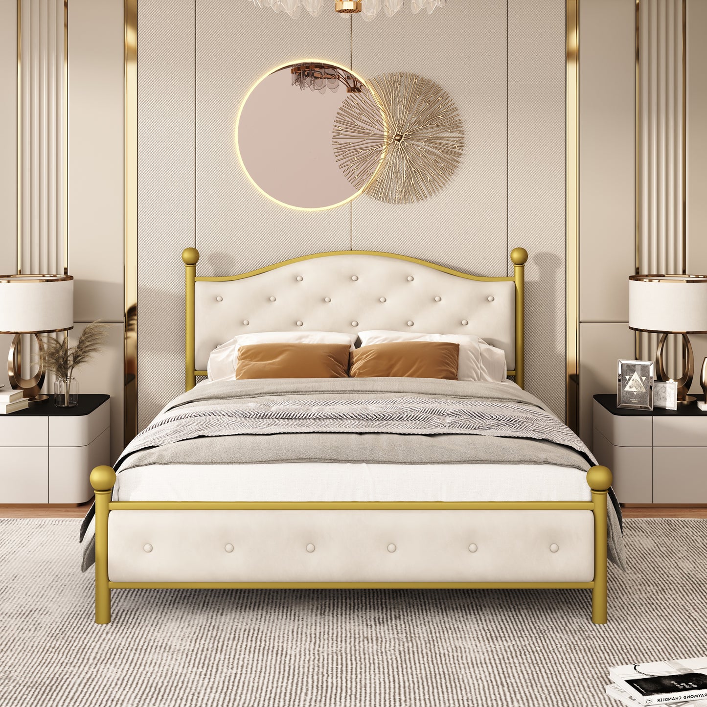 Modern Metallbett, Bettgestelle mit Lattenrost, Doppelbett, 140x200 cm, Ohne Matratze, golden