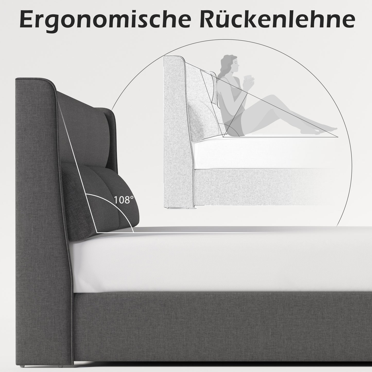 Polsterbett Doppelbett mit Verstellbare Kopfstützen,Stauraumbetten Bettgestell aus Leinenmaterial Jugendbett 140x200 mit lattenrost(Ohne Matratze)