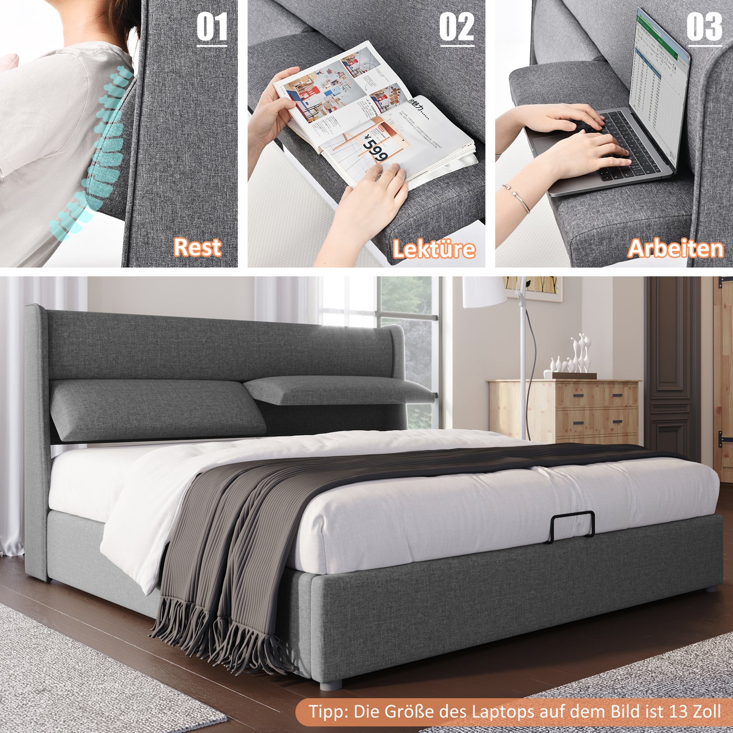 Polsterbett Doppelbett mit Verstellbare Kopfstützen,Stauraumbetten Bettgestell aus Leinenmaterial Jugendbett 180x200 mit lattenrost(Ohne Matratze)