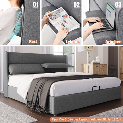 Polsterbett Doppelbett mit Verstellbare Kopfstützen,Stauraumbetten Bettgestell aus Leinenmaterial Jugendbett 160x200 mit lattenrost(Ohne Matratze)
