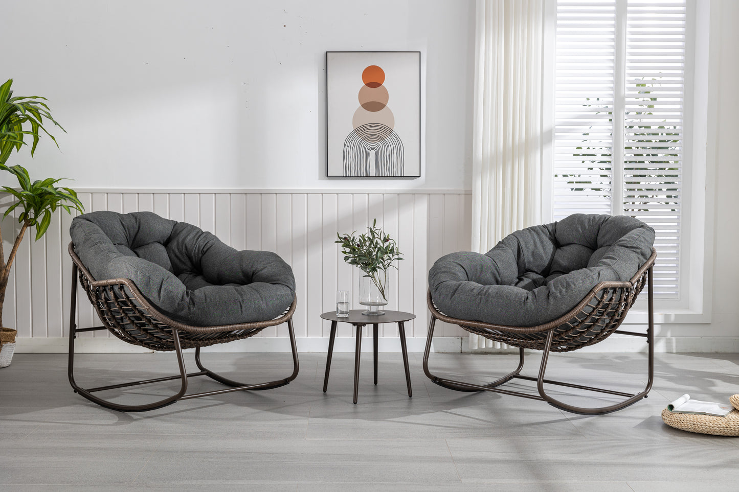 Outdoor Rocking Chair, Patio Oversized Wicker Egg Rocking Chair, Indoor & Outdoor Comfy Rocker Chair with Thick Cushion, Modern Lounge Chair for Balcony, Front Porch, Garden, Backyard, Deck, Dark Gray