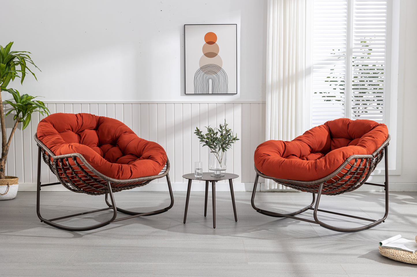 Outdoor Rattan Rocking Chair,Padded Cushion Rocker Recliner Chair Outdoor for Front Porch, Living Room, Patio, Garden, Orange