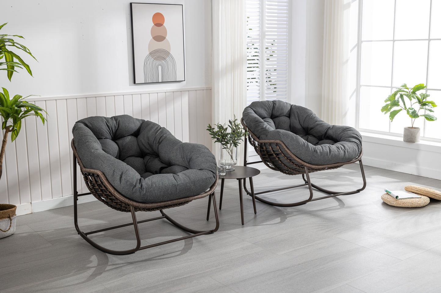 Outdoor Rocking Chair, Patio Oversized Wicker Egg Rocking Chair, Indoor & Outdoor Comfy Rocker Chair with Thick Cushion, Modern Lounge Chair for Balcony, Front Porch, Garden, Backyard, Deck, Dark Gray