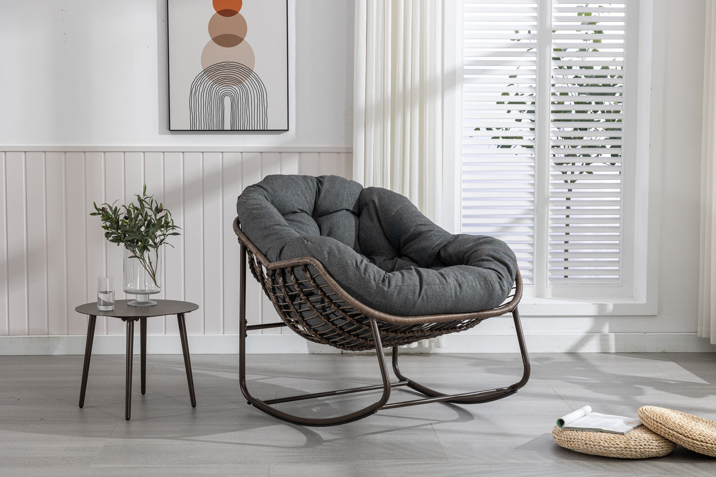 Outdoor Rocking Chair, Patio Oversized Wicker Egg Rocking Chair, Indoor & Outdoor Comfy Rocker Chair with Thick Cushion, Modern Lounge Chair for Balcony, Front Porch, Garden, Backyard, Deck, Dark Gray