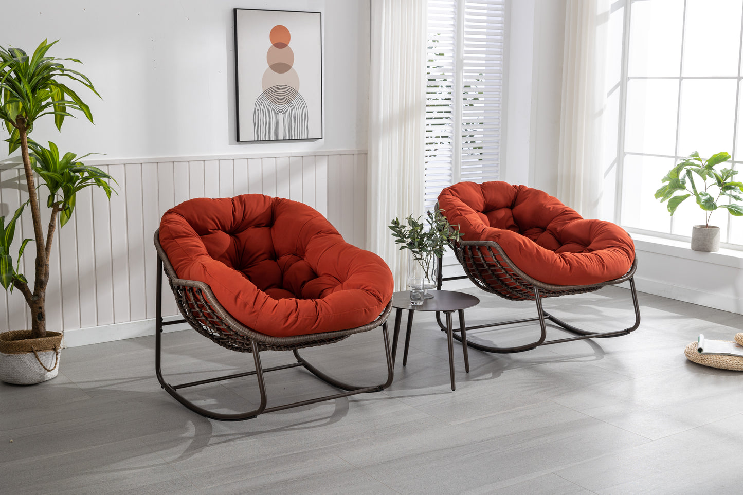 Outdoor Rattan Rocking Chair,Padded Cushion Rocker Recliner Chair Outdoor for Front Porch, Living Room, Patio, Garden, Orange