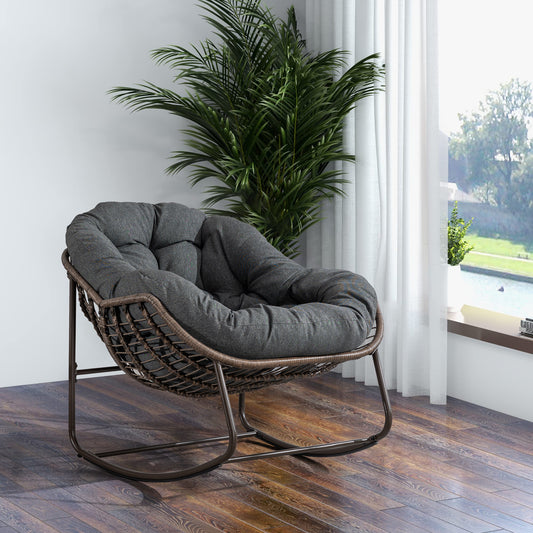 Outdoor Rocking Chair, Patio Oversized Wicker Egg Rocking Chair, Indoor & Outdoor Comfy Rocker Chair with Thick Cushion, Modern Lounge Chair for Balcony, Front Porch, Garden, Backyard, Deck, Dark Gray