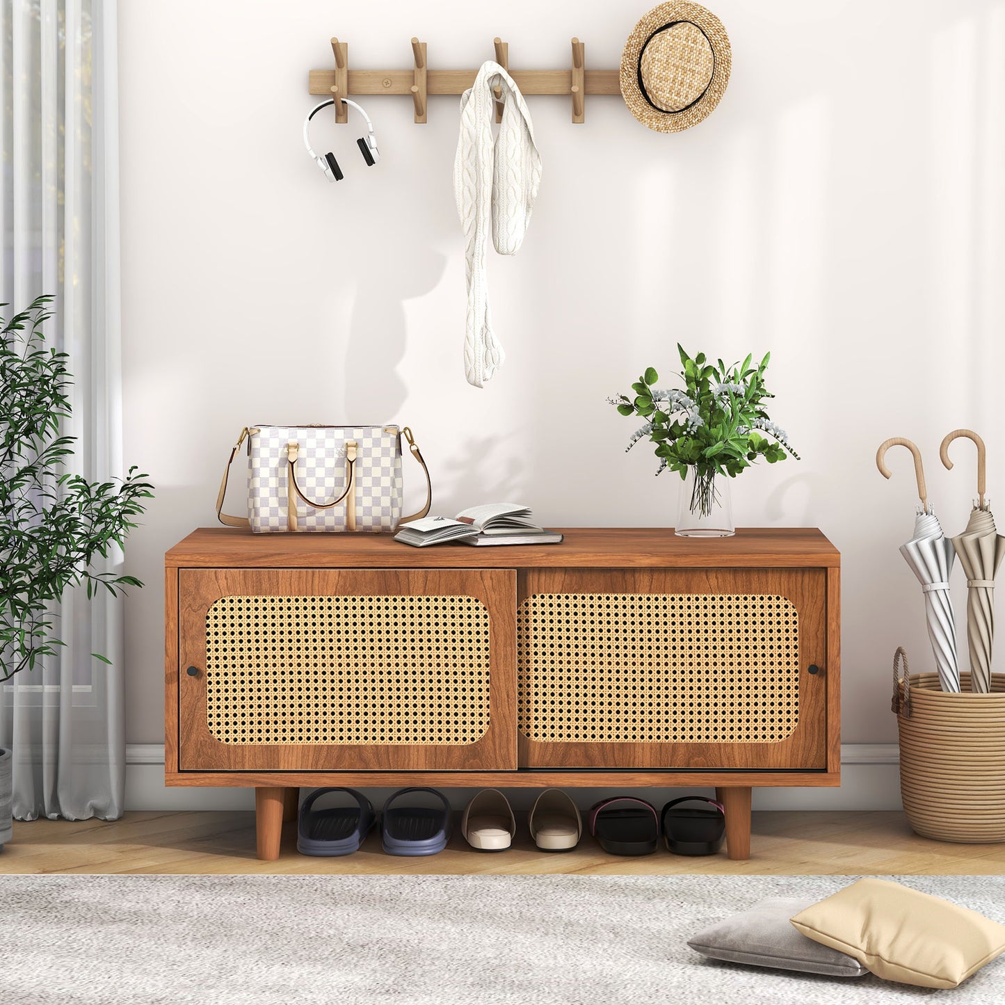 Rattan Schuhschrank mit 2 Türen mit verstellbare Ablage Walnuss Farbe formschöner Schuhschrank für Flur, Wohn- und Schlafzimmer